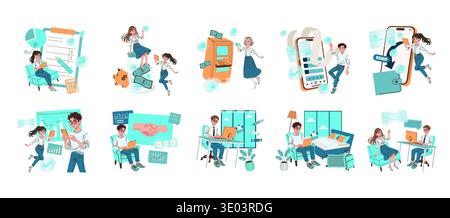 Vector illustration set depicting various business and finance activities. Characters interact with financial tools and technology in professional settings, showcasing modern financial management concepts. Stock Vector