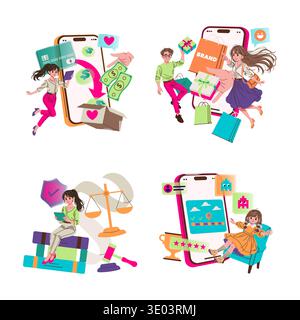 Colorful vector illustration showcasing digital shopping, gift exchange, education, and gaming via smartphones. Vibrant characters engaging in various activities with expressions of joy. Stock Vector