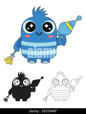 Cute Blue Alien Monster Holding Space Laser Gun Character Vector in Colorful Silhouette Outline Stock Vector