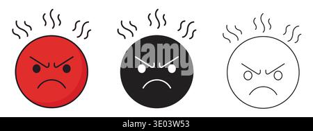 Angry Red Face Emoji with Steam Silhouette and Outline Coloring Page Vector Illustration Stock Vector