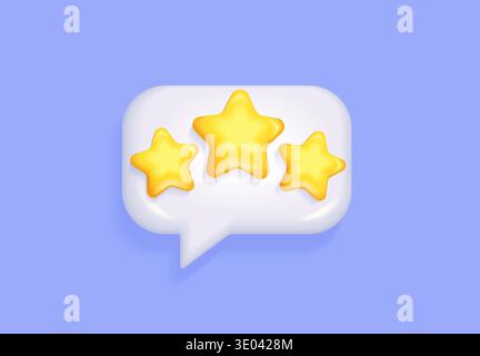 3d three stars rating in text speech bubble. Positive 3 star customer product rating review for apps and websites. Quality, feedback. Three elements f Stock Vector