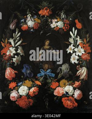 This 17th-century masterpiece, "Garland of Flowers" by Abraham Mignon, features a richly detailed floral wreath surrounding a central depiction of a woman holding a basket of flowers, possibly an allegorical figure. The Dutch Golden Age painting showcases an abundance of diverse blooms with insects and a blue ribbon, all set against a dark background. Stock Photo