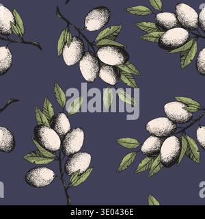 Seamless pattern with olive branch. Ink hand drawn olives background. Botanic plant vector illustration for print, fabric, textile. A sprig of an Stock Vector