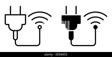 Illustrated power plugs with wireless connection features, showcasing modern electrical technology. Icons represent innovation in energy transfer and Stock Vector