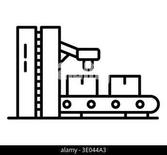 This image showcases an industrial conveyor belt system equipped with a robotic arm designed for efficient package handling and logistics operations. Stock Vector