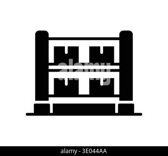 A minimalistic black and white illustration featuring a storage rack with boxes on its shelves, ideal for use in logistics, inventory, or organization Stock Vector