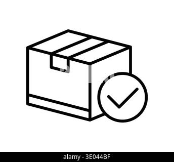 Line art illustration of a package with a checkmark. This image symbolizes delivery confirmation, logistics, and reliable shipping services for e-comm Stock Vector