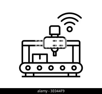 This illustration showcases an industrial conveyor system integrated with wireless technology, symbolizing innovation in modern manufacturing and logi Stock Vector