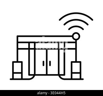 A minimalist line art illustration of a modern entrance featuring a wifi symbol, representing digital connectivity in urban environments. Ideal for te Stock Vector