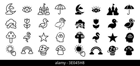 A versatile collection of black and white icons featuring nature, animals, and fun elements. Ideal for creative projects, designs, or educational mate Stock Vector