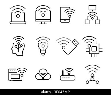 A minimalist set of wireless technology icons representing various devices and connectivity options. Perfect for designs focused on modern communicati Stock Vector