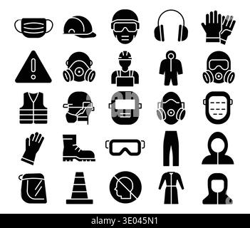 A diverse collection of icons representing various safety gear, essential for workplace health and protection. Ideal for use in informative material. Stock Vector