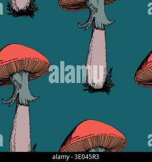 Seamless pattern with mushrooms. Hand drawn vector illustration. Vegan food menu. Poisonous and edible mushroom. Autumn mushroom picking, forest plant Stock Vector