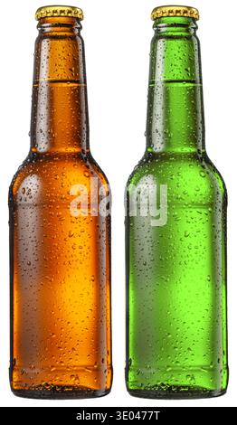 Green glass bottle and brown glass bottle of beer or cider covered with small water drops isolated on a white background. File contains clipping paths Stock Photo