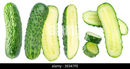 Fresh sweet small cucumbers and cucumber slices levitating in air. Cucumbers that are used to pickling or slicing. File contains clipping paths. Stock Photo