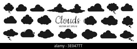 A set of silhouettes of clouds and black speech bubbles of various shapes and sizes on a white background. Stock Vector
