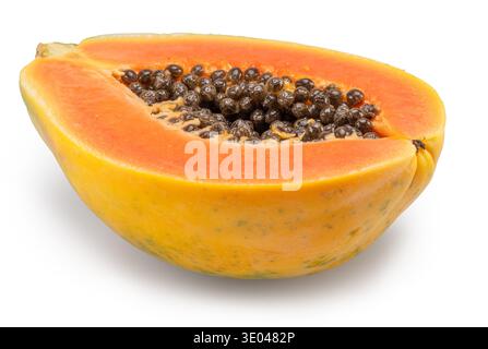 Fresh ripe papaya half fruit with showing seeds isolated on white background with clipping path. Stock Photo