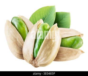 Green pistachio nuts with pistachio shell isolated on a white background. Clipping path Stock Photo