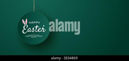 Happy Easter background. Minimalistic green holiday background with Happy Easter text on a round banner hanging on a golden ribbon. Stock Vector