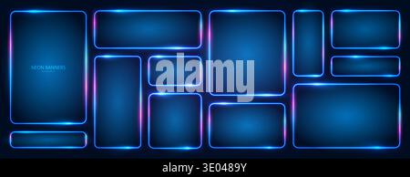 Neon banners. A large set of blue rectangular neon frames of different sizes with glowing effects and illumination on a dark background. Stock Vector