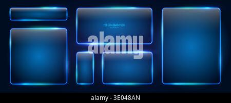 A set of blue rectangular neon frames of different sizes with glowing effects and illumination on a dark background. Stock Vector