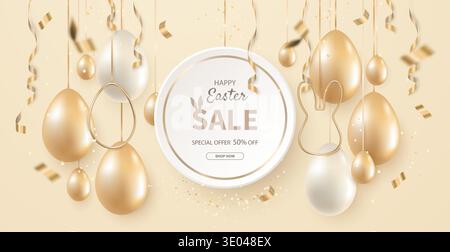 Happy Easter sale background. Holiday banner with golden and white eggs and streamers on a light background. Stock Vector
