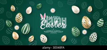 Happy Easter background. Realistic golden, green and white Easter eggs on a green background. Stock Vector
