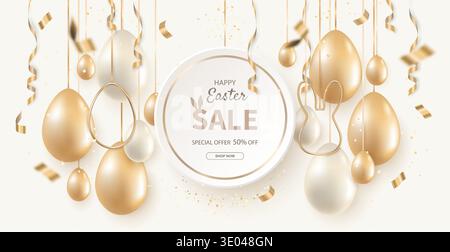 Festive Easter banner with golden and white Easter eggs suspended on thin golden ribbons on a light beige background, with the text Happy Easter Sale. Stock Vector