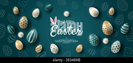 Easter background with eggs. Lots of gold, white and green realistic eggs on a dark blue background. Stock Vector
