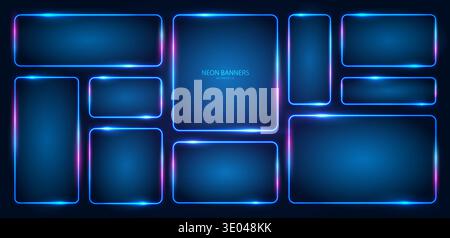 Neon banners. A large set of rectangular neon frames of different sizes with glowing effects and lighting. Stock Vector