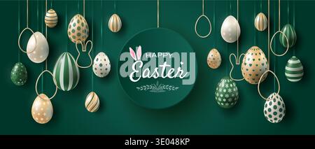 Happy Easter holiday banner on a dark green background, with painted eggs in gold, white and green colors, suspended on golden ribbons. Stock Vector