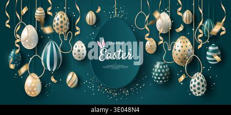 Happy Easter holiday banner on a dark blue background, with painted eggs in gold, white and green colors, suspended on golden ribbons, with rabbit Stock Vector