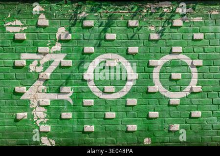 Zoo word painted in white on green brick wall, front view of urban signage with raised brick pattern, peeling paint and tree shadow, textured backgrou Stock Photo