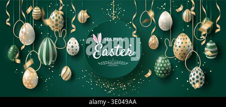 Happy Easter background. Holiday banner with golden, green, and white eggs and streamers on a green background with the text Happy Easter. Stock Vector