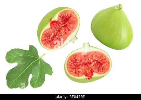 Ripe green fig fruit isolated on white background with full depth of field. Top view. Flat lay. Stock Photo