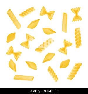Various traditional pasta shapes floating on a white background, creating an Italian food pattern Stock Vector