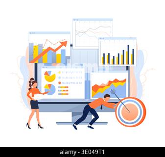 Businesspeople analyzing data on multiple charts and graphs, setting targets, and working towards achieving strategic goals with performance reports Stock Vector
