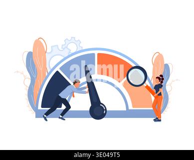 Business team pushing a speedometer needle to increase performance and efficiency, analyzing data for growth and optimization Stock Vector