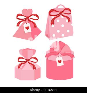 Grouping various pink gift boxes and paper bags, featuring red bows, heart tags, and polka dot patterns, ready for romantic occasions Stock Vector