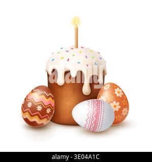Easter cake with candle and decorated eggs Stock Vector