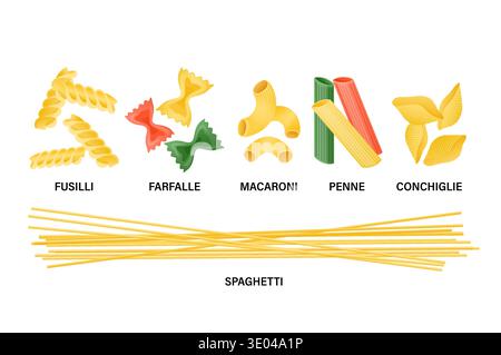 Collection of various pasta shapes and colors, showcasing popular options for Italian cuisine and meal preparation Stock Vector