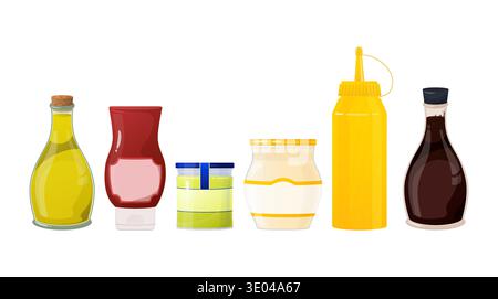Collection of essential kitchen condiments, such as olive oil, ketchup, mustard, and mayonnaise, stored in bottles and jars Stock Vector