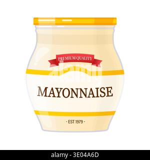 Mayonnaise jar featuring a premium quality label, offering a creamy dressing, condiment, or sauce for meals on a white background Stock Vector