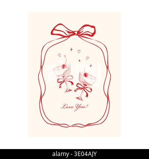 Two illustrated coupette glasses with cherries and bows framed by a decorative ribbon, celebrating love and romance Stock Vector