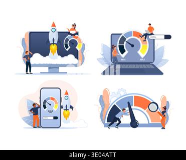 Users improving data transfer and online productivity, measuring network capacity with speedometers on devices Stock Vector