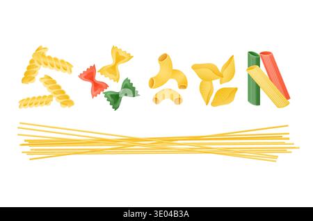 Italian pasta shapes set, featuring different types like spaghetti, fusilli, farfalle, conchiglie, maccheroni, and penne, uncooked on white Stock Vector