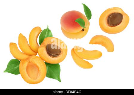 apricot fruit with half and slices isolated on white background. Clipping path. Top view. Flat lay Stock Photo