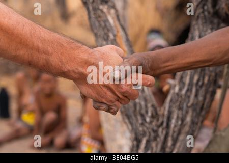 A close-up of a handshake between two individuals of different ethnic backgrounds, symbolizing unity and respect. The image is set in Namibia, showcas Stock Photo