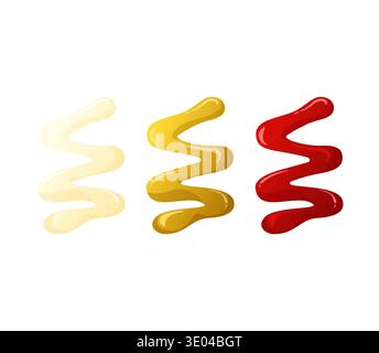Various savory liquid sauces dripping in colorful, wavy zigzag patterns, representing popular condiments for food Stock Vector