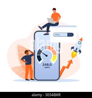 People optimizing internet performance, checking broadband speed on a smartphone app. Fast loading, high-speed data transfer Stock Vector